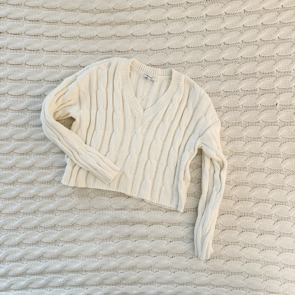 Madewell Ivory V-Neck Cable Knit Sweater - Picture 2 of 4